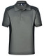 A grey kids' polo shirt with black contrast panels and a collar, featuring a logo on the upper area.