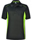 A black polo shirt with contrasting lime green side panels and a collar, featuring a logo.