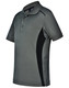 A grey kids' polo shirt with black contrast panels and a logo, featuring short sleeves and a classic collar.