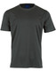 A grey short sleeve tee featuring a smooth texture and a logo on the neckline. Suitable for kids.