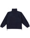 A navy blue polar fleece pullover for kids with a high neck and adjustable hem, featuring a logo.