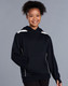 A young girl wearing a navy blue hoodie with white contrast detailing and a kangaroo pocket.