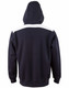 A navy hoodie featuring a contrasting white panel across the shoulders, with a hood and kangaroo pocket.