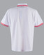 A white polo shirt with red stripes on the collar. Features a logo on the back.