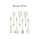 A silicone kitchenware set in cream, featuring various tools including a spatula, spoon, and ladle, with a logo.