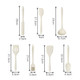 A set of beige silicone kitchenware, including spatulas, a ladle, a brush, and a slotted turner, with measurements provided.