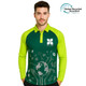 A polo shirt with long sleeves in green and bright green, featuring a logo and eco-friendly design elements.