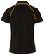 A black polo shirt with yellow accents and a logo on the back.