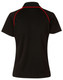 A black ladies polo shirt featuring short sleeves and red accents, with a logo on the back.