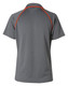 A grey polo shirt with short sleeves and orange accents, featuring a logo on the back.