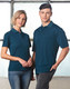 A teal polo shirt for women and a matching darker teal polo shirt for men, both featuring a logo.