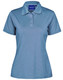 A blue ladies' polo shirt with a collared neckline and three-button placket, featuring a brand logo.