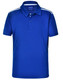A blue kids' polo shirt with short sleeves and contrast white stripes, featuring a collar and button placket.