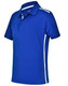 A blue short sleeve polo shirt with white contrast detailing and a logo on the chest.