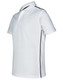 A white polo shirt featuring contrast detailing along the sides and a collar, with a logo present.