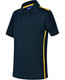 A kids' short sleeve polo in navy with yellow contrast side panels. The shirt features a collar and buttons.