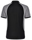 A tri-colour short-sleeve polo shirt featuring black, grey, and white detailing, with a logo on the collar.