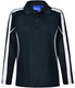 A black long sleeve polo shirt with white side stripes and a collar. Features a logo on the upper section.