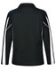 A black long sleeve polo shirt with white racing stripes on the sides and a collar. It features a logo.
