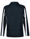 A long sleeve polo shirt in black with white panel accents and a logo. Back view showcases the design.