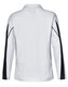 A long sleeve polo shirt in white with black accents and a logo. Back view showing mesh detail.