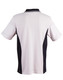 A back view of a kids' polo shirt featuring a white body and black contrast panels, with a collar and logo.
