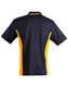 A black and yellow polo shirt featuring a contrasted design and a collar. It has a logo on the chest area.