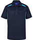 A dark navy polo shirt with contrasting turquoise stripes and a collar, featuring a branding logo.