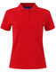 A red ladies cotton stretch polo shirt with a collar and three-button placket. It features a logo on the chest.