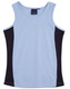 A light blue singlet with black contrast panels on the sides, featuring a logo on the label.