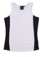 A ladies singlet in white with black contrast panels, featuring a logo on the label.