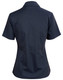 A navy blue short sleeve button-up shirt with a fitted design and a collar. Features a logo on the back.