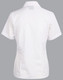 A white short sleeve button-up shirt with a fitted design and a collar, featuring a logo.