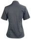 A dark grey short sleeve button-up shirt with a fitted design and a collar, featuring a logo.