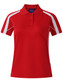 A red polo shirt with short sleeves, featuring white side accents and a logo on the chest.
