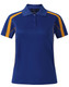A blue and yellow women's short-sleeve sport polo shirt with a collar and a logo.