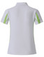 A white polo shirt with green accents, featuring a collar and short sleeves, has a logo on it.