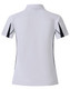 A white polo shirt with black detailing, featuring a collar and short sleeves, and has a logo on it.
