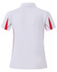 A white polo shirt with red accents and a logo, featuring a short sleeve and a classic collar design.