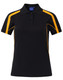 A black and yellow short sleeve polo shirt with a branded logo on the front and contrasting side panels.