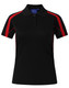 A short sleeve polo shirt in dark brown with red accents and a logo on the chest.