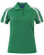 A green and white short sleeve polo shirt featuring a collar and contrasting side panels, with a logo on the chest.