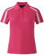 A pink polo shirt with white accents and a logo, featuring a short sleeve design.