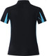 A black polo shirt with short sleeves featuring turquoise accents and a logo on the back.