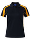 A black short sleeve polo shirt with orange side panels and a logo on the collar.