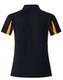 A black polo shirt with short sleeves featuring orange side panels and a logo. Back view displayed.