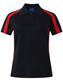 A black polo shirt with red accents, featuring short sleeves and a collar. It has a logo on the chest area.