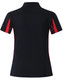 A black polo shirt with red accents and a collar, featuring a logo on the front.