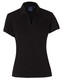 A black ladies' polo shirt with a collared neckline and short sleeves. It features a logo on the chest area.
