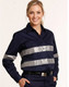 A navy long-sleeve work shirt made from cotton drill, featuring 3M reflective tapes and a logo.